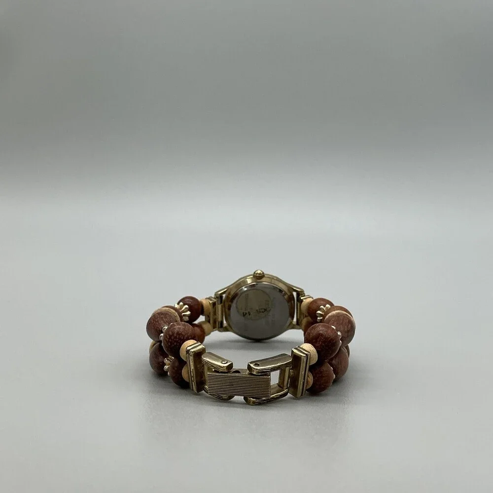 Express Womens Watch 24mm Brown Dial Wood Bead Bracelet New Battery